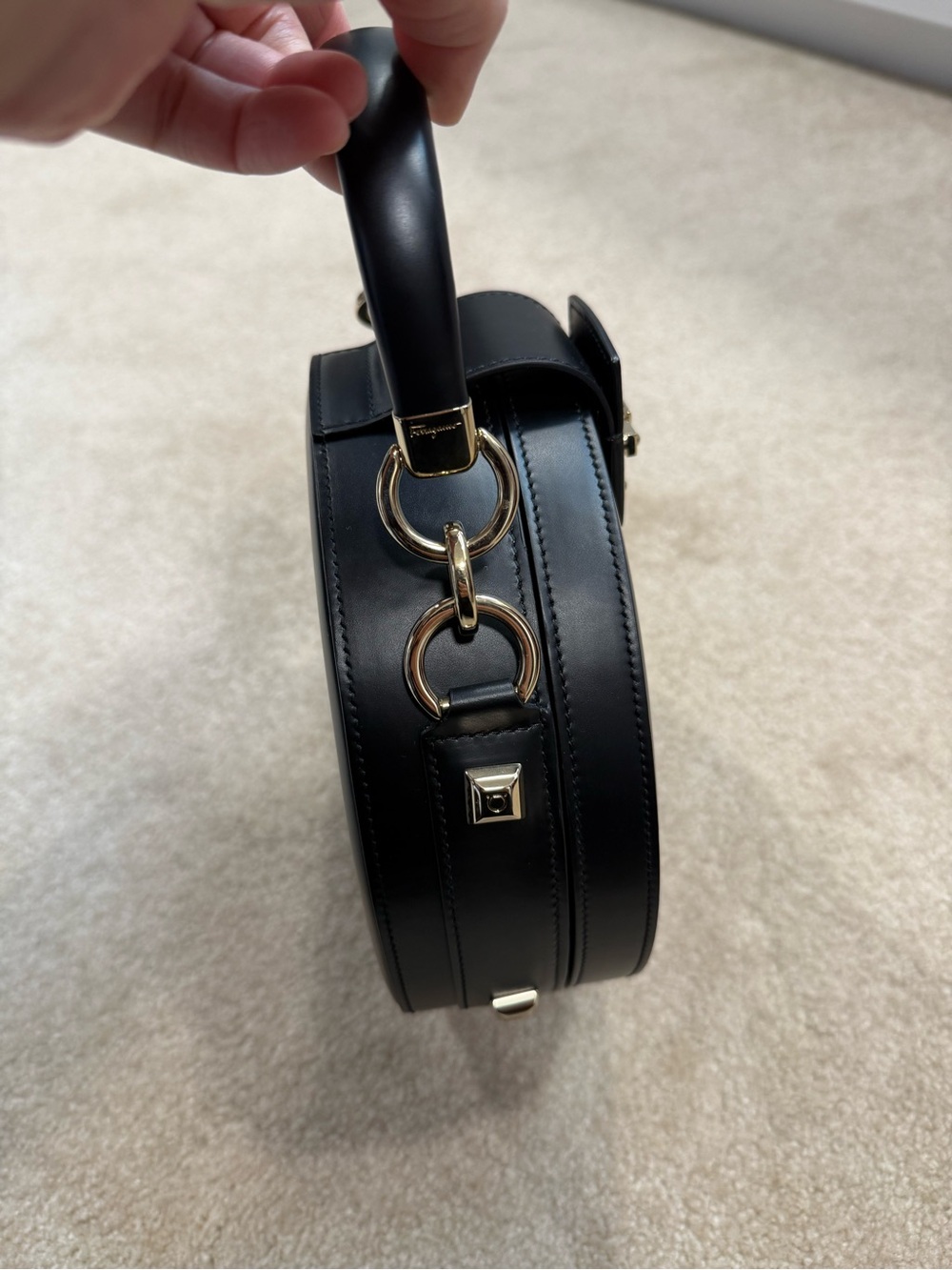 Salvatore Ferragamo Black Round Top-Handle Mini Bag with Gold Hardware - Picture 4 of 7